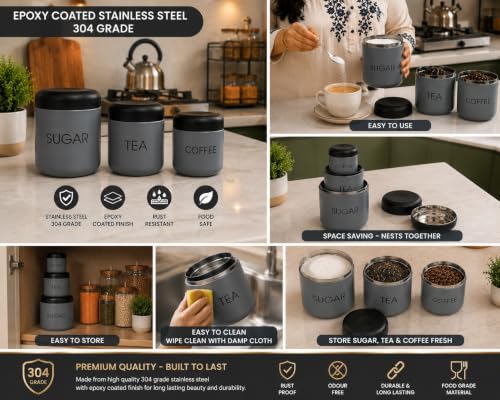 Premium Tea Sugar Coffee Canister Set of 3, Modern Grey Colour with Black Lids, Stainless Steel Matte Storage Jars, Ideal for Gifting, Dishwasher Safe